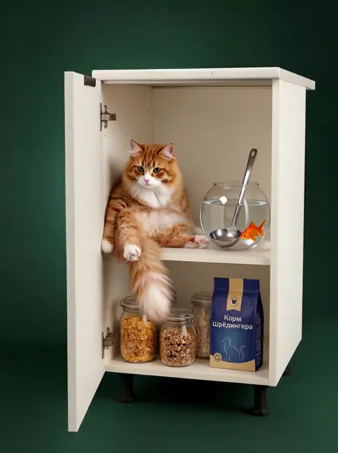 A ginger cat sits inside, one paw on the upper shelf, next to a pack labelled Schrodinger's Cat Food. The joke about the