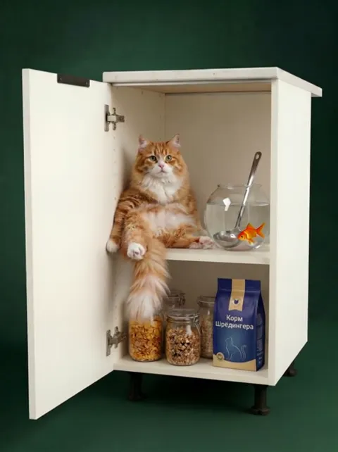 The closing frame holds both the cat and both shelves: jars and pet food below, the fishbowl above. The product stays at