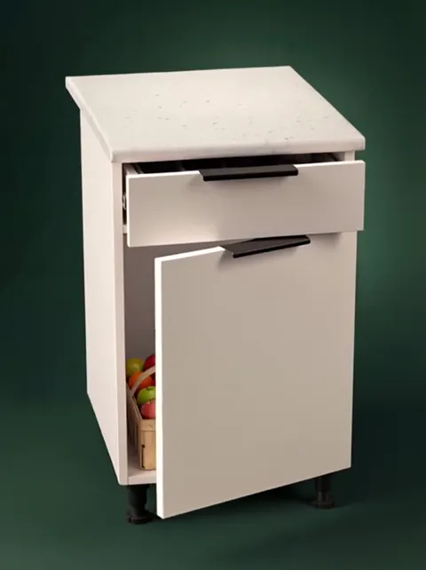 The door opens slightly, revealing a basket of fruit. There is no shelf behind the front — the whole volume is one heigh