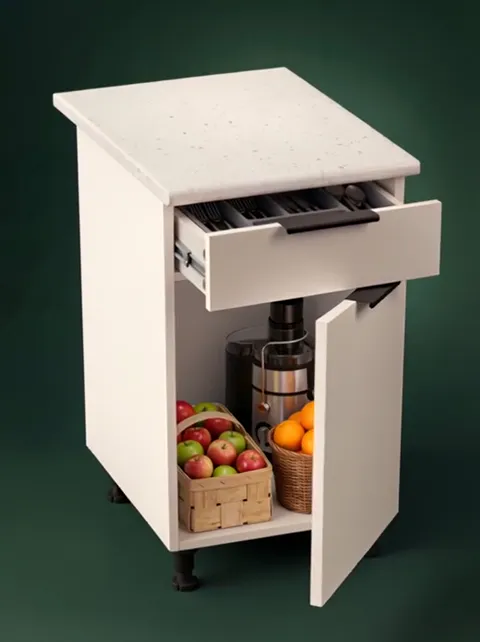 The drawer rolls out: cutlery laid out inside. The division becomes clear — small items above, bulk below, two kinds of 