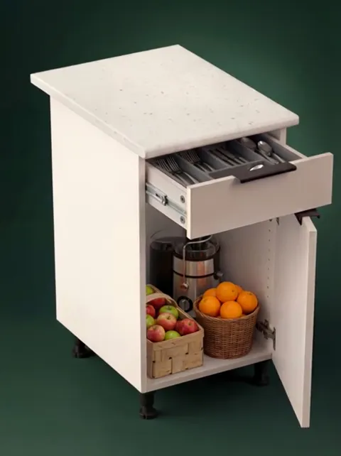 The finale: drawer and door fully open, showing cutlery, baskets and a juicer. Eight seconds have answered how much of w
