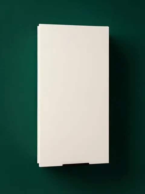 A wall cabinet against dark green: a plain white front with no handle, the hinges concealed. So far, a white rectangle o