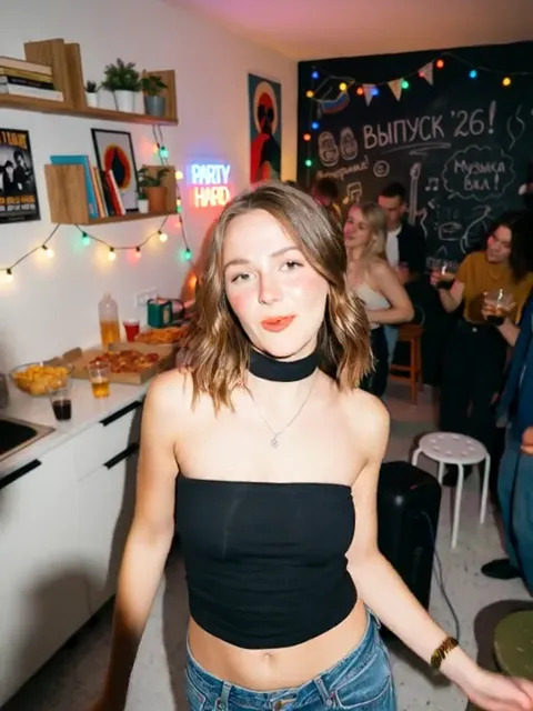 A kitchen mid-party: string lights, a chalkboard reading Class of '26, pizza and cups on the counter. A girl dances in t