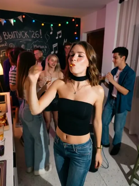 The finale: the dancing continues, the kitchen deep in frame. Six seconds have shown a kitchen under a load no catalogue