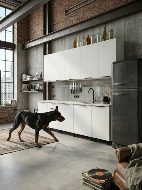 The dog gets up and walks along the run. Its height gives the scale of the base units: the worktop stands about a hand a