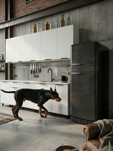 The dog reaches the fridge, the frame holding the whole run. The fronts are handleless and the joints between modules ar