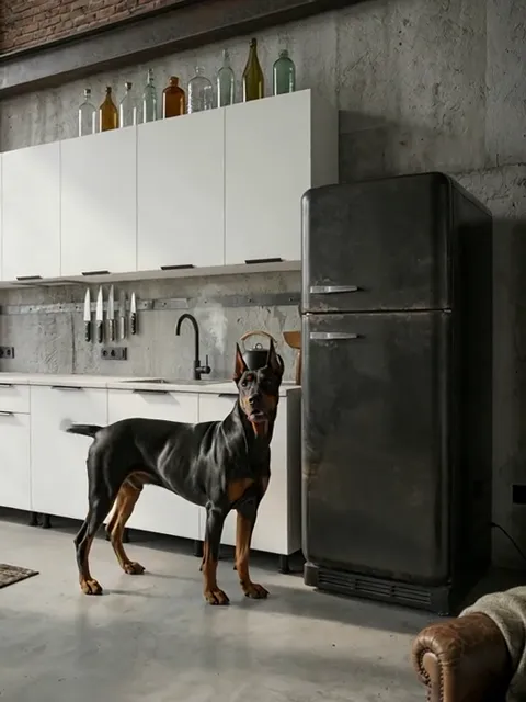 The finale: the doberman by the fridge, the kitchen entire behind. Six seconds have shown the length of a single-run kit