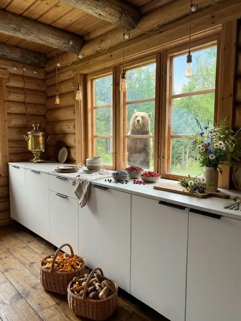 A log house: a white kitchen runs along the windows, a samovar, crockery and bowls of berries on the worktop, baskets of