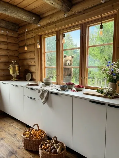 The camera travels along the run. White fronts against log walls do not argue with the timber — the contrast works both 