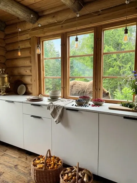 The finale: the bear at the window, the kitchen and the laid worktop entire in frame. Six seconds have shown an urban ki