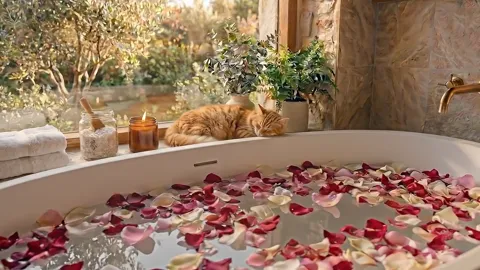 A bathroom in stone walls with a window onto a garden: a freestanding oval bath filled with water and rose petals. Candl
