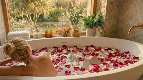 She is in the water now, her back to the camera. The width of the tub against her shoulders reads — this bath is made fo