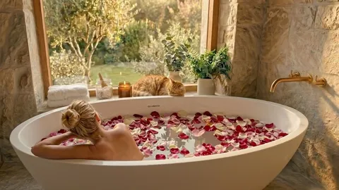 The finale: she leans back on the rim, the garden beyond the window. Twelve seconds have shown the size and depth of the