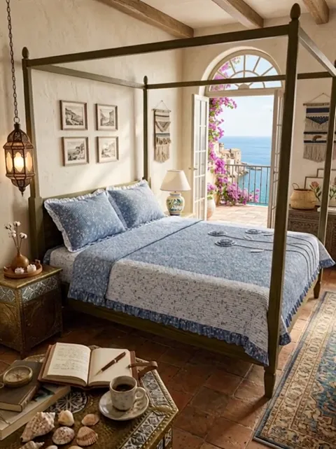 A bedroom with a four-poster bed and a sea view: a coverlet in a fine blue-and-white floral, a pale throw laid across it