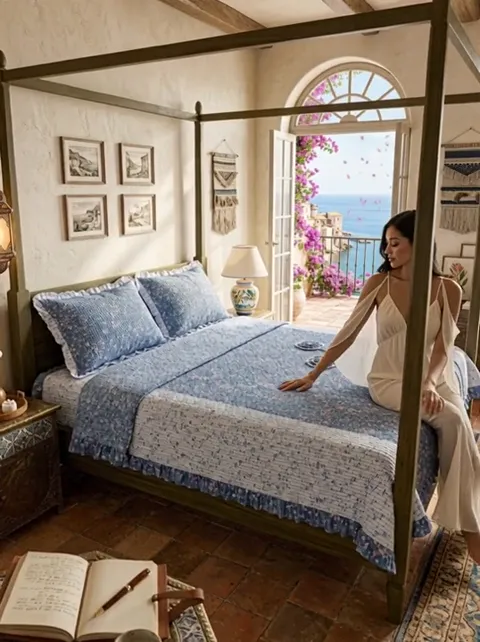 She sits on the edge of the bed. The drop of the coverlet is visible, and it covers the mattress fully on three sides.