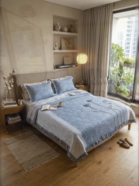 The dissolve completes: the same bed now stands in a lived-in room with a window, plants and a wooden floor. The coverle
