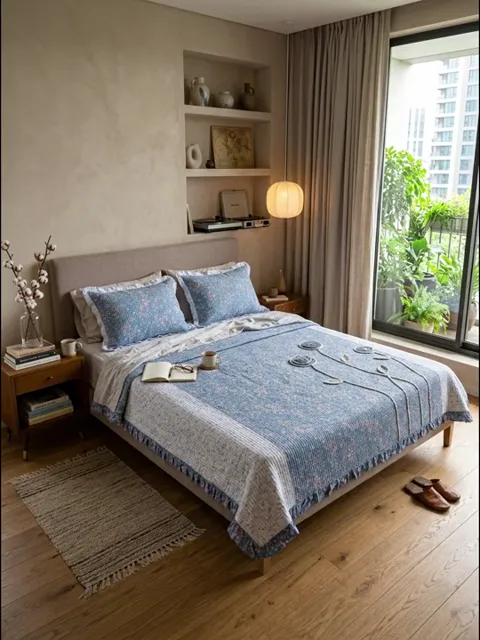 The frame settles. The pattern and the drop of the coverlet are unaltered — the product has been moved into an interior 