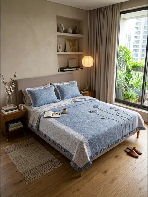 The finale: a bedroom with a city view, the coverlet in daylight. Six seconds have shown a catalogue shot becoming an in