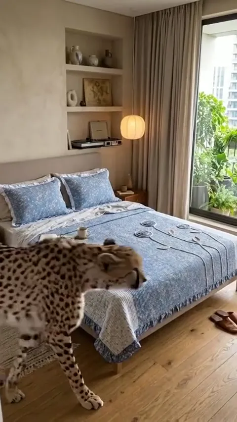 A bedroom with a full-height window and plants: a bed under a blue-and-white coverlet with a fine pattern. A cheetah ent