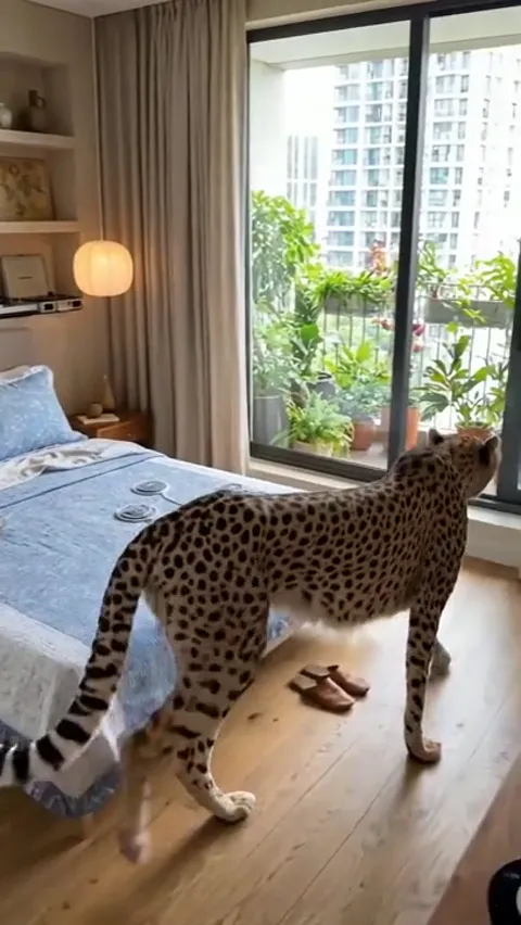 The cheetah walks along the floor beside the bed. Its height gives the scale: the coverlet hangs to about the middle of 