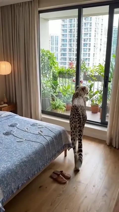 The animal jumps onto the bed and stands on the coverlet. The cloth does not sink under its paws — the dense weave takes