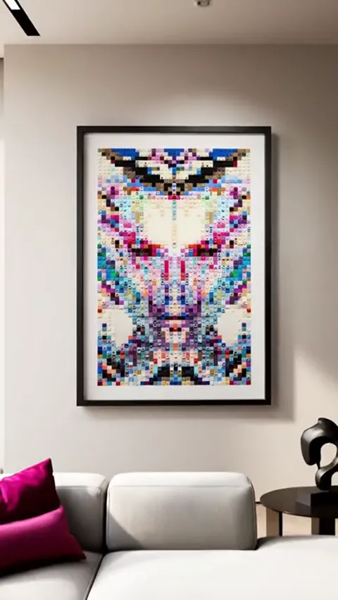 The camera pulls back and the picture turns out to be on a living-room wall. From a distance the pixels resolve into a f