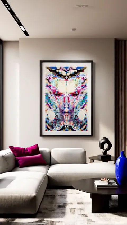 Further back: the room entire with a sofa, a table and a vase. The picture works as a patch of colour in a calm interior