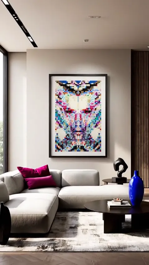 The finale: the living room from another corner, the picture holding the wall. Eight seconds have shown both scales — ne