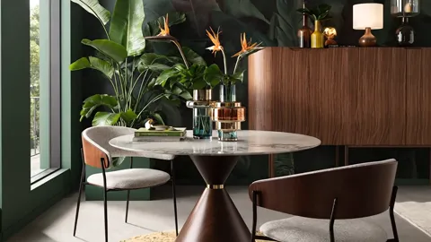 The finale: table and chairs close, the sideboard and plants behind. Eight seconds have shown the collection assembled r