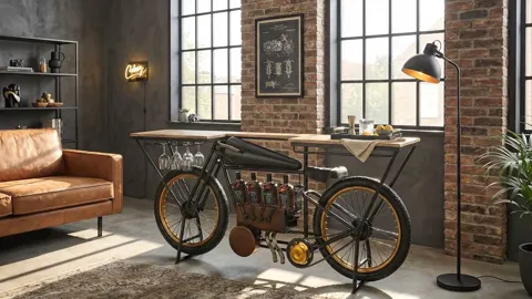 A loft with a brick wall and tall windows: a console shaped as a motorcycle with a wooden top across the frame, glasses 