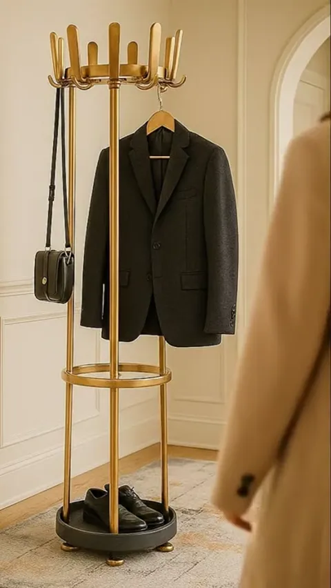 A bright hallway: a brass coat stand with hooks at the top and a hoop at the base. A dark blazer hangs on it, shoes stan