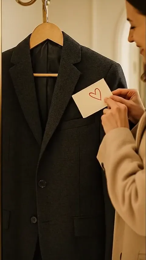 The frame moves in on the blazer and a hand with a card enters. The stand carries the weight of the jacket without swayi