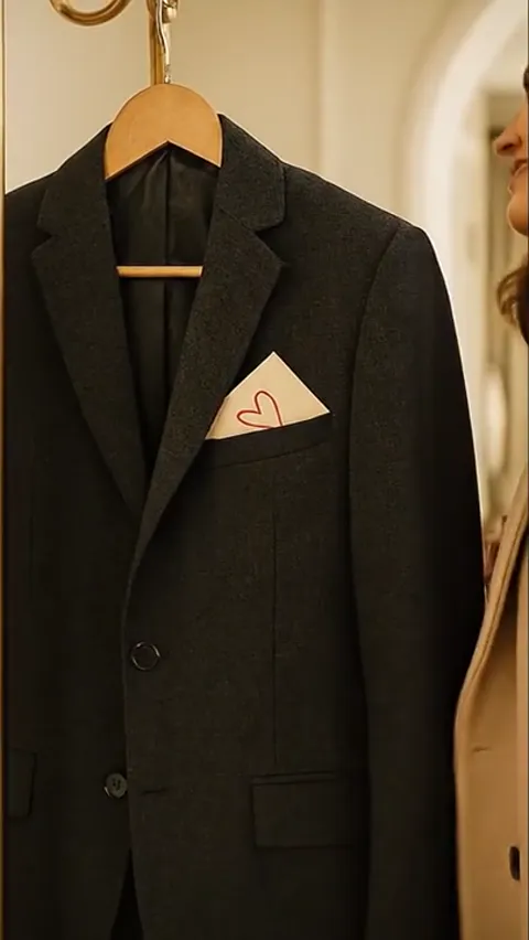 The card goes into the breast pocket. Behind the cloth, the shoulder of a wooden hanger shows on the hook — the hooks ta