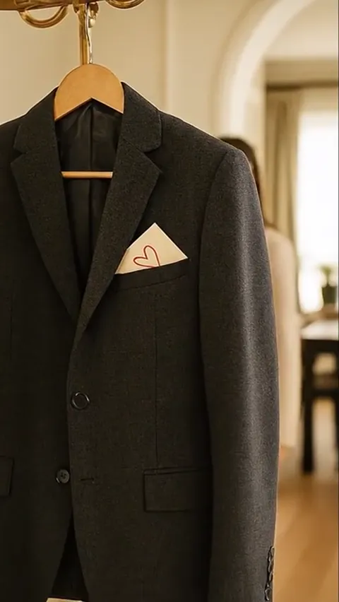 The finale: the blazer with the card in its pocket, the stand entire behind it. Eight seconds have shown the stand at wo