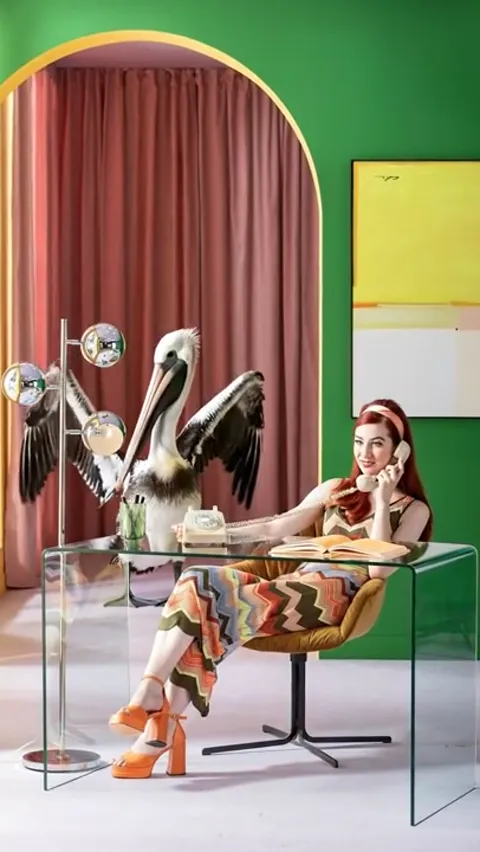 The finale: the pelican spreads its wings, the woman unmoved. Eight seconds have shown transparent furniture through con