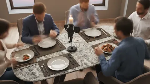 Four people dine at an oval table: a stone top with coarse speckle, plates, a candlestick. Daylight from the window.