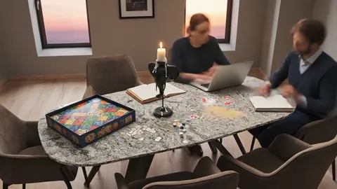 The scene changes: three people work at the same table with laptops and papers. The top takes both — the working area is