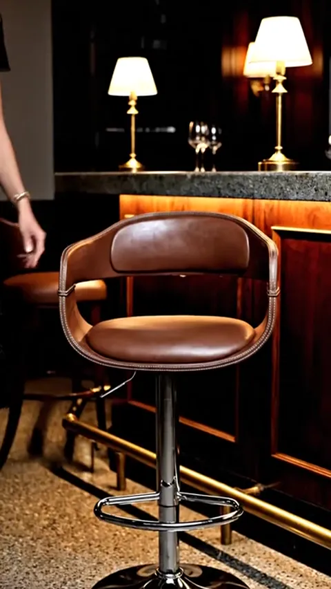 A dark bar with brass lamps: a brown leather bar stool with a rounded hoop back on a chrome column. The stool is empty, 