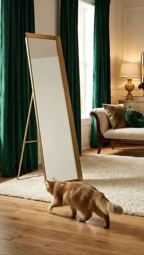 A room with green curtains: a tall mirror in a slim brass frame leans on its fold-out strut. A ginger cat walks past.