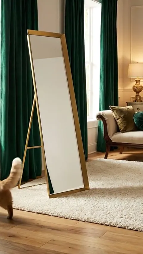 The cat moves on and the mirror is fully revealed. It stands taller than a person and leans rather than sitting flush to