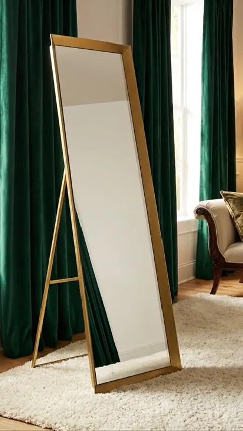 The finale: the mirror at the same angle, the room reflected entire. Eight seconds have shown the leaning setup — a head