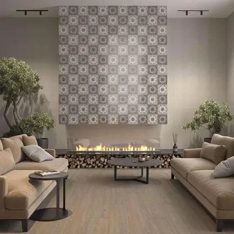 The lounge in full: two beige sofas facing each other, a long bio-fireplace on a log stack between them, a tile panel fi