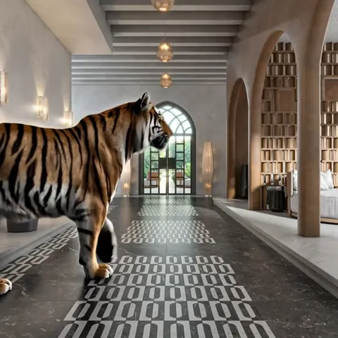 A tiger walks along the ornament. An animal the height of a person gives exact scale: each element of the path is about 