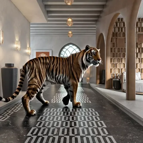 The tiger moves on, the frame drops toward the floor. The black stone reads matte and non-reflective, and the white inse