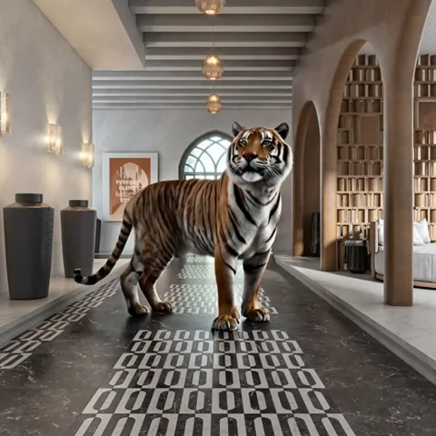 The finale: the tiger at the centre, the ornament running under it and on toward the camera. Ten seconds were enough for