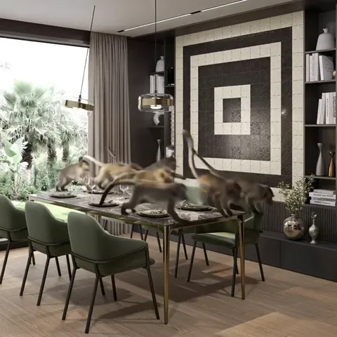 Monkeys burst into the room: one runs straight along the table between the place settings, a second leaps after it. The 