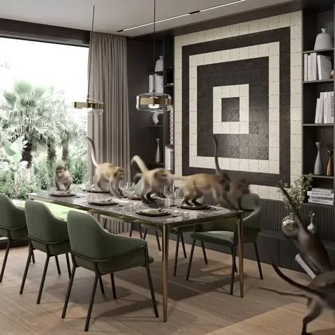 More monkeys now, scattering across the table and swinging from the pendant light. The chaos sharpens the geometry of th