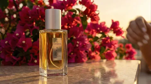 A terrace at sunset: a bottle of amber liquid on a marble parapet, a cascade of scarlet bougainvillea and the city below