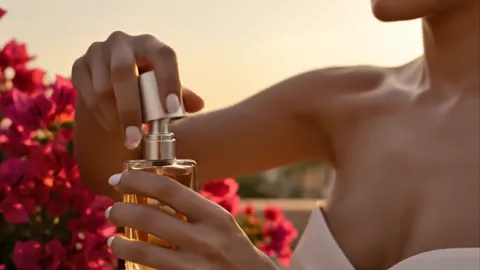 A press of the atomiser at the neck, a shoulder in frame. Sunset light across skin — imagery doing the work a list of no
