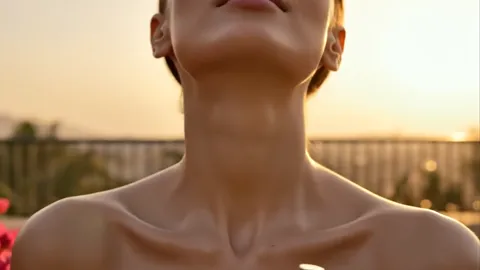 The finale: her head tilted back, the bottle lowered. Eight seconds have delivered what a fragrance description spends a